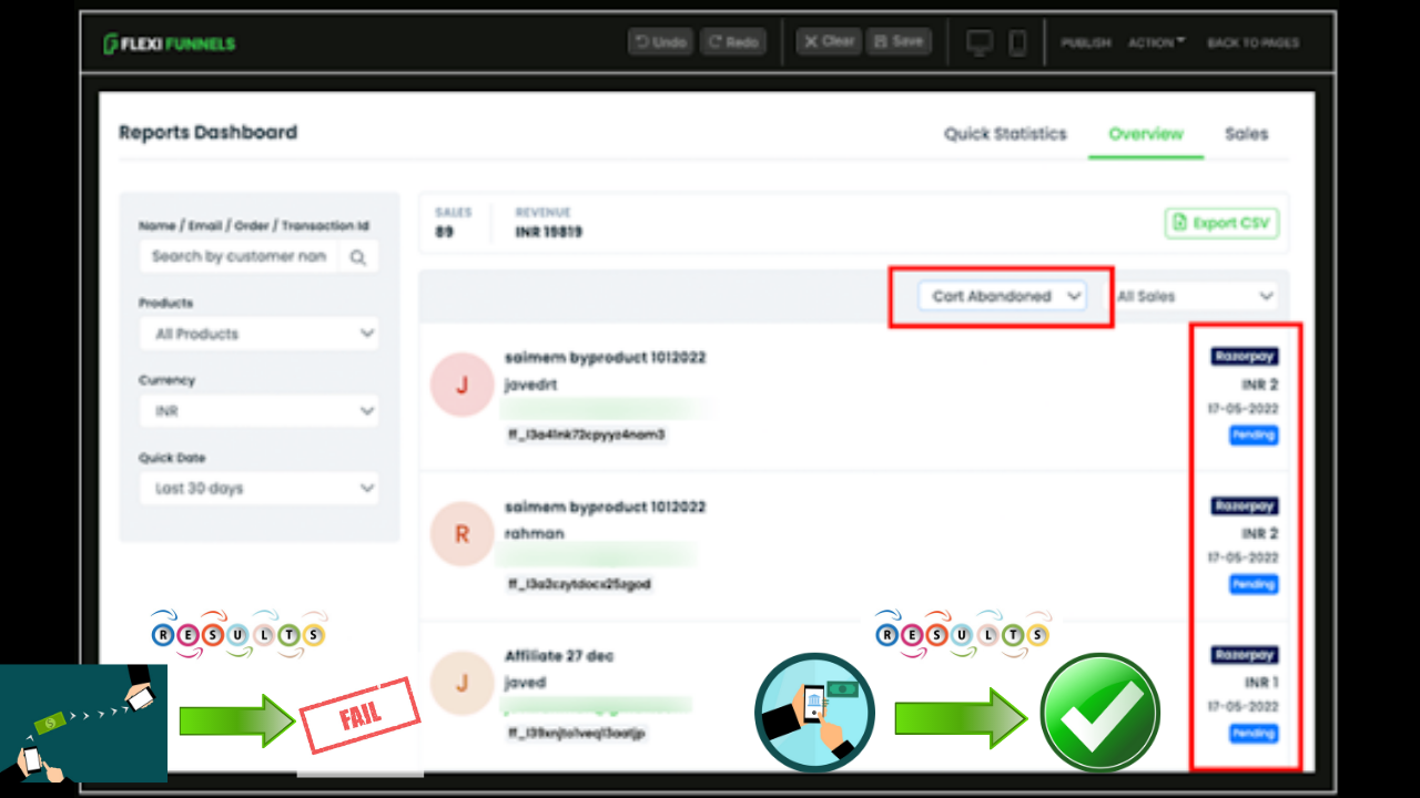 See All The Cart Abandon Or Failed Payment Data On Flexi Funnels
